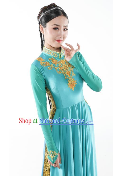 Chinese Ethnic Woman Dance Outfits Uyghur Nationality Dance Clothing Xinjiang Stage Performance Garment Costumes Uighur Minority Blue Dress