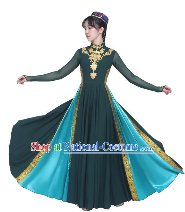 Chinese Uighur Minority Atrovirens Dress Ethnic Woman Dance Outfits Uyghur Nationality Dance Clothing Xinjiang Stage Performance Garment Costumes