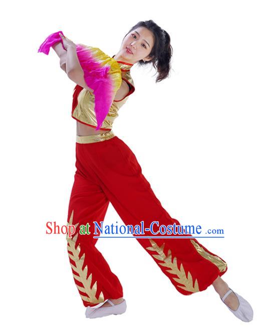 Chinese Women Group Performance Garments Folk Dance Red Outfits Fan Dance Costumes Jiaozhou Yangko Dance Clothing