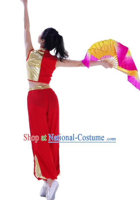 Chinese Women Group Performance Garments Folk Dance Red Outfits Fan Dance Costumes Jiaozhou Yangko Dance Clothing