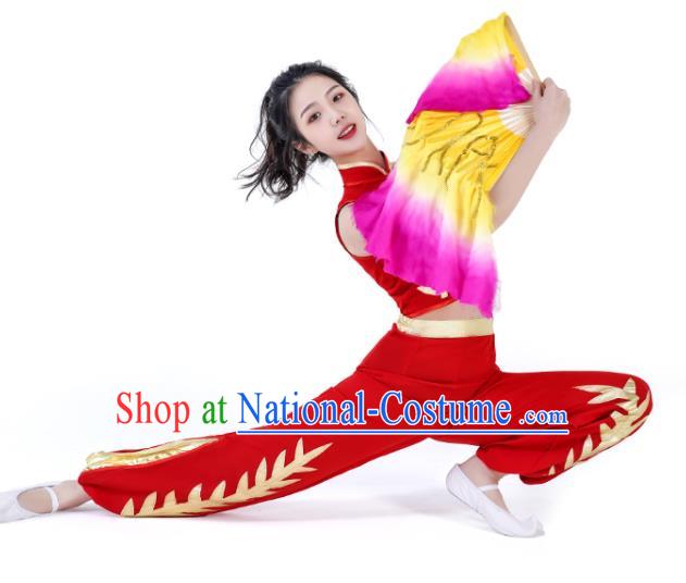 Chinese Women Group Performance Garments Folk Dance Red Outfits Fan Dance Costumes Jiaozhou Yangko Dance Clothing