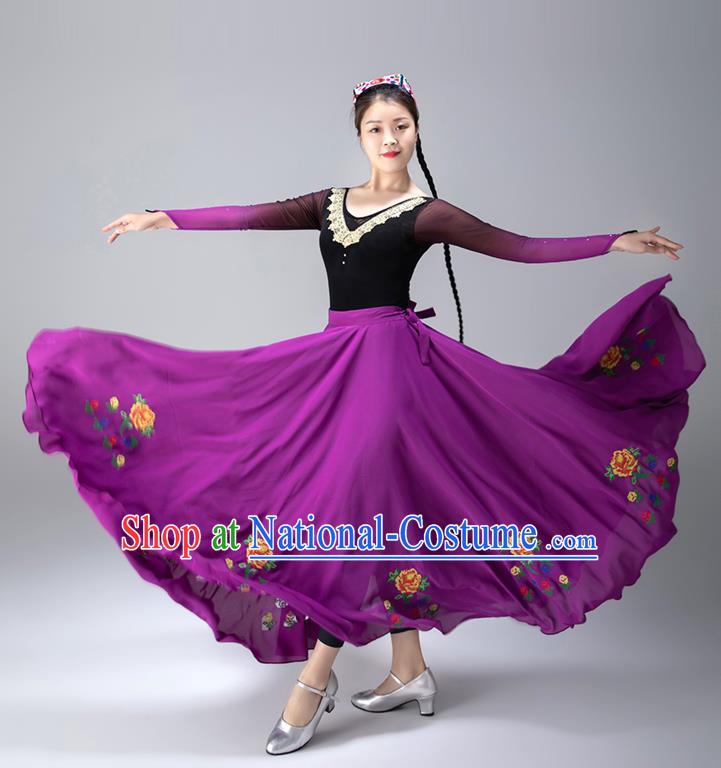 Chinese Xinjiang Stage Performance Garment Costumes Uighur Minority Purple Dress Ethnic Woman Dance Outfits Uyghur Nationality Dance Clothing