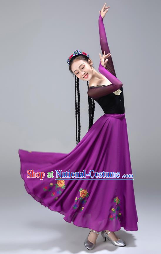 Chinese Xinjiang Stage Performance Garment Costumes Uighur Minority Purple Dress Ethnic Woman Dance Outfits Uyghur Nationality Dance Clothing