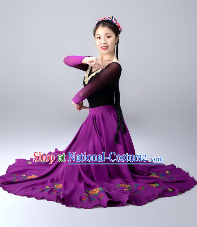 Chinese Xinjiang Stage Performance Garment Costumes Uighur Minority Purple Dress Ethnic Woman Dance Outfits Uyghur Nationality Dance Clothing