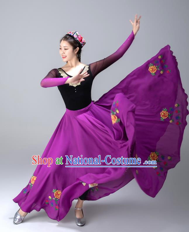 Chinese Xinjiang Stage Performance Garment Costumes Uighur Minority Purple Dress Ethnic Woman Dance Outfits Uyghur Nationality Dance Clothing