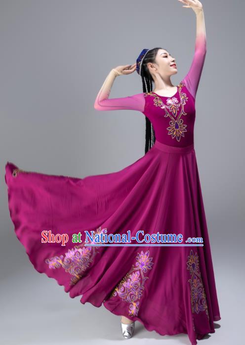 Chinese Uyghur Nationality Dance Clothing Xinjiang Performance Garments Uighur Minority Purple Dress Ethnic Woman Dance Outfits