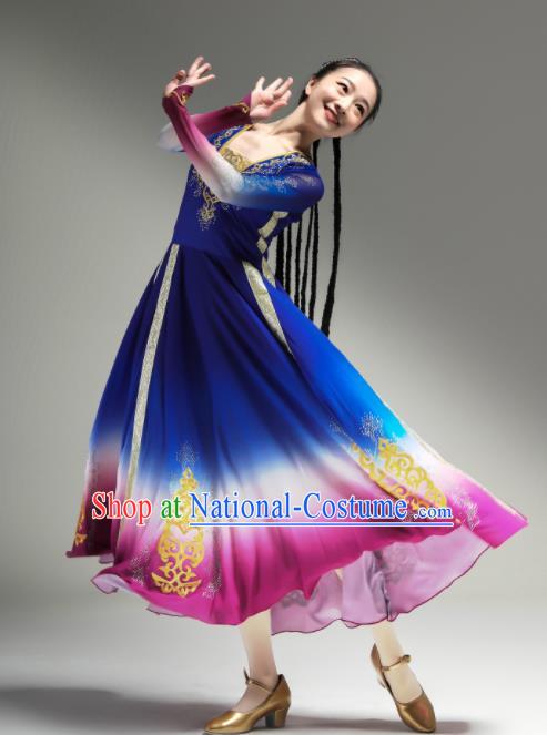 Chinese Ethnic Woman Dance Outfits Uyghur Nationality Dance Clothing Xinjiang Performance Garments Uighur Minority Blue Dress