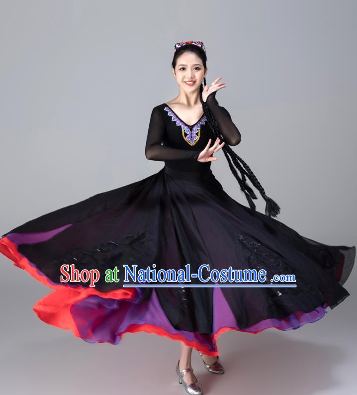 Chinese Xinjiang Performance Garments Uighur Minority Woman Black Dress Ethnic Dance Outfits Uyghur Nationality Folk Dance Clothing