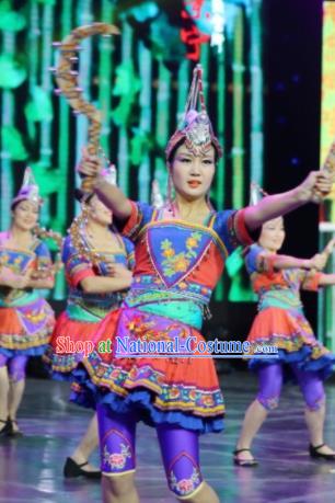 Chinese Woman Dance Garments Guangxi Minority Dance Dress Ethnic Stage Performance Outfits She Nationality Folk Dance Clothing