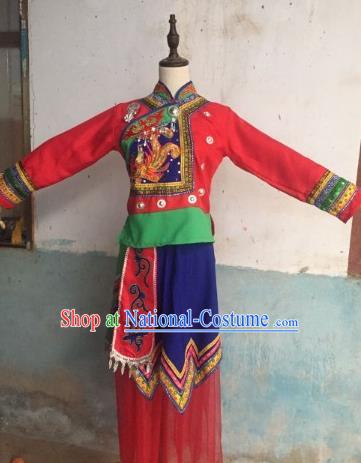 Chinese Ethnic Stage Performance Red Outfits She Nationality Folk Dance Clothing Woman Dance Garments Dong Minority Festival Dress