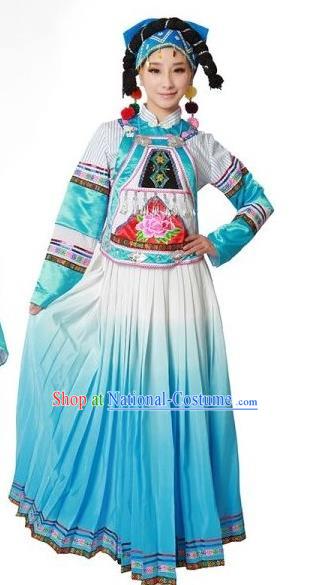 Chinese Ethnic Stage Performance Outfits Yao Nationality Folk Dance Clothing Woman Dance Garments Deang Minority Blue Dress