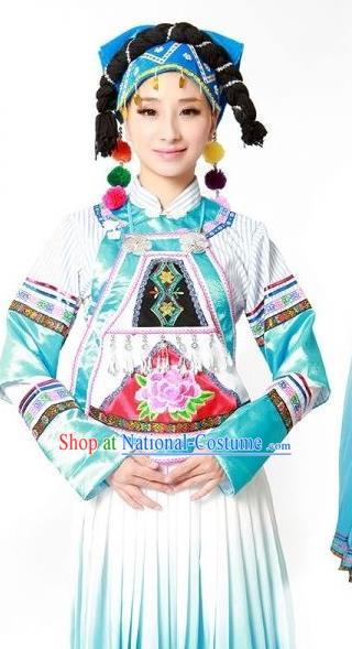 Chinese Ethnic Stage Performance Outfits Yao Nationality Folk Dance Clothing Woman Dance Garments Deang Minority Blue Dress