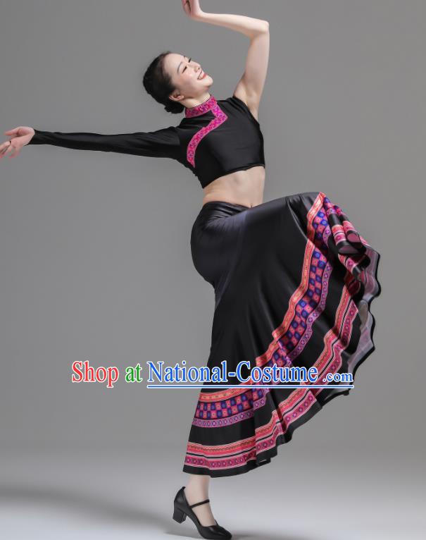 Chinese Ethnic Woman Garments Dai Minority Performance Black Dress Outfits Yunnan Nationality Pavane Clothing Peacock Dance Costumes