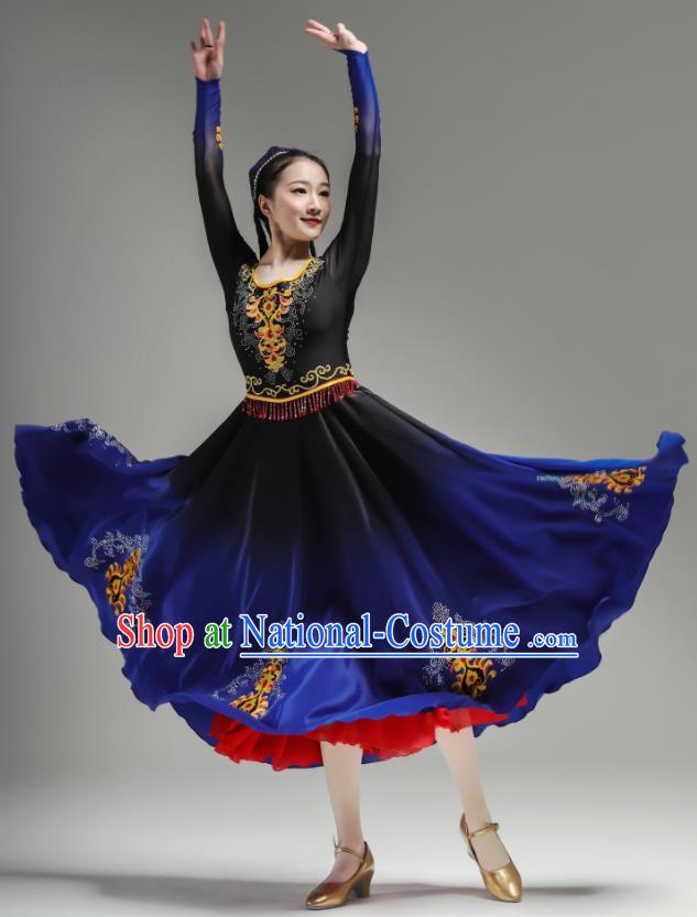 Chinese Xinjiang Dance Costumes Ethnic Woman Garments Uyghur Minority Performance Blue Dress Outfits Uighur Nationality Dance Clothing