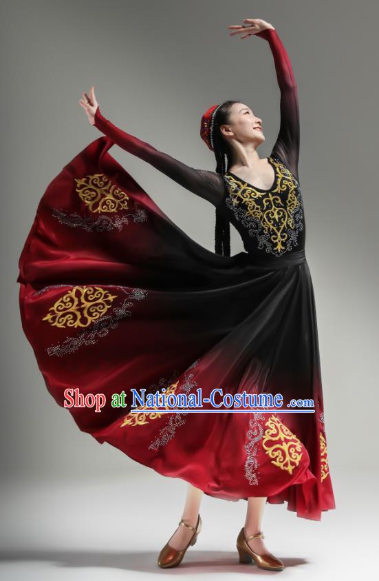 Chinese Uighur Nationality Dance Clothing Xinjiang Dance Costumes Ethnic Woman Garments Uyghur Minority Performance Red Dress Outfits