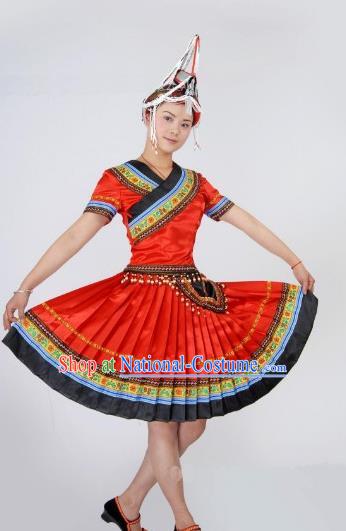 Chinese She Minority Folk Dance Red Dress Ethnic Woman Outfits Yao Nationality Clothing Sichuan Festival Dance Garments