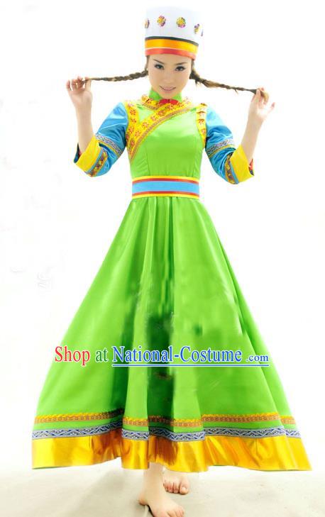 Chinese Daur Nationality Clothing Daghur Festival Dance Garments Inner Mongolia Minority Folk Dance Green Dress Ethnic Woman Outfits