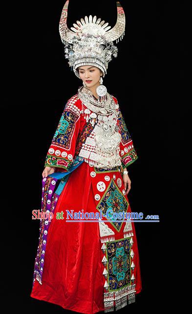 Chinese Ethnic Wedding Outfits Miao Nationality Bride Clothing Guizhou Festival Dance Garments Dong Minority Folk Dance Red Dress and Headdress