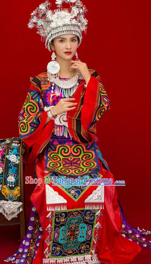 Chinese Dong Minority Folk Dance Red Dress Ethnic Wedding Outfits Miao Nationality Bride Clothing Guizhou Festival Dance Garments and Headpieces