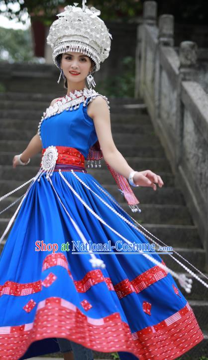 Chinese Miao Minority Folk Dance Blue Dress Guizhou Ethnic Festival Performance Outfits Hmong Nationality Woman Clothing