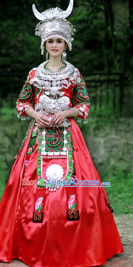 Chinese Hmong Minority Folk Dance Red Dress Guizhou Ethnic Festival Performance Outfits Miao Nationality Bride Wedding Clothing