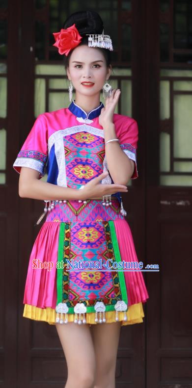 Chinese Miao Nationality Folk Dance Clothing Hmong Minority Female Short Dress Guizhou Ethnic Festival Performance Rosy Outfits