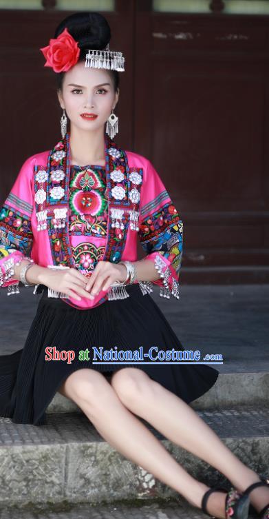 Chinese Xiangxi Ethnic Festival Performance Embroidered Outfits Miao Nationality Folk Dance Clothing Hmong Minority Female Short Dress