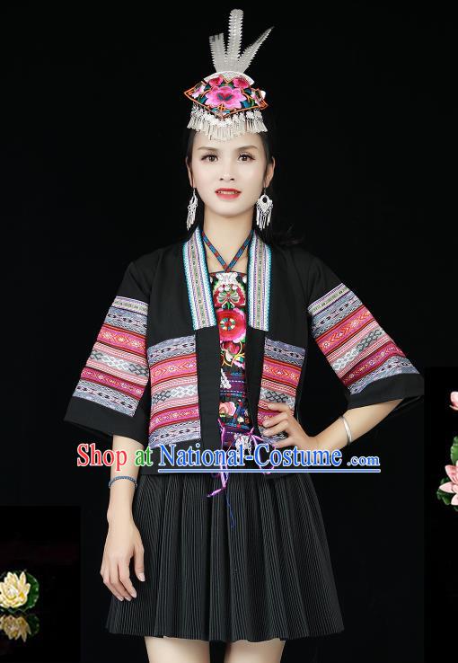 Chinese Hmong Minority Female Short Dress Xiangxi Ethnic Festival Performance Black Outfits Miao Nationality Folk Dance Clothing