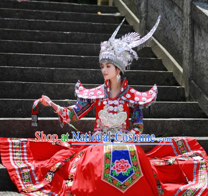 Chinese Xiangxi Ethnic Festival Outfits Miao Nationality Wedding Bride Clothing Hmong Minority Stage Performance Red Dress