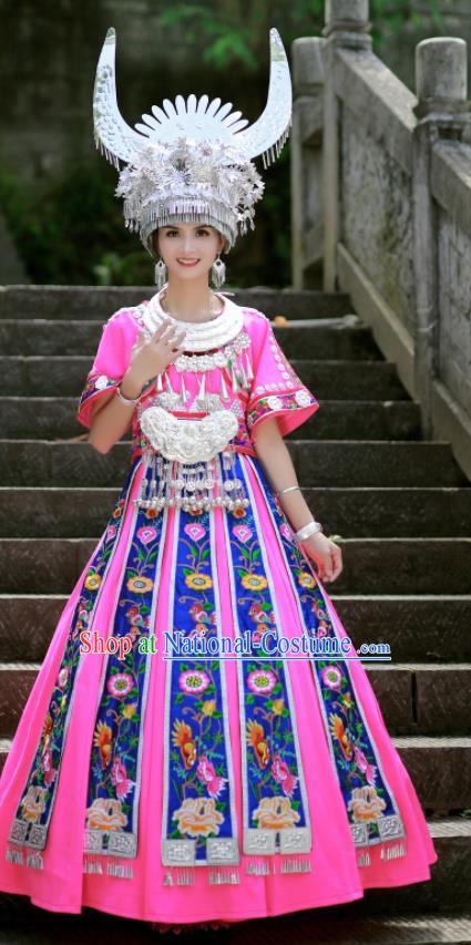 Chinese Hmong Minority Stage Performance Pink Dress Xiangxi Ethnic Festival Outfits Miao Nationality Wedding Bride Clothing and Headdress