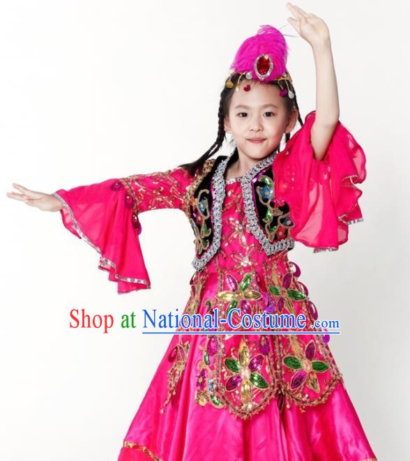 China Uyghur Nationality Girl Apparels Children Performance Costumes Xinjiang Uighur Minority Kids Dance Rosy Dress Uniforms