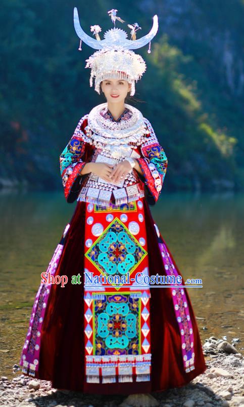 Chinese Festival Dance Garments Miao Minority Folk Dance Red Dress Guizhou Ethnic Performance Outfits Hmong Nationality Woman Clothing