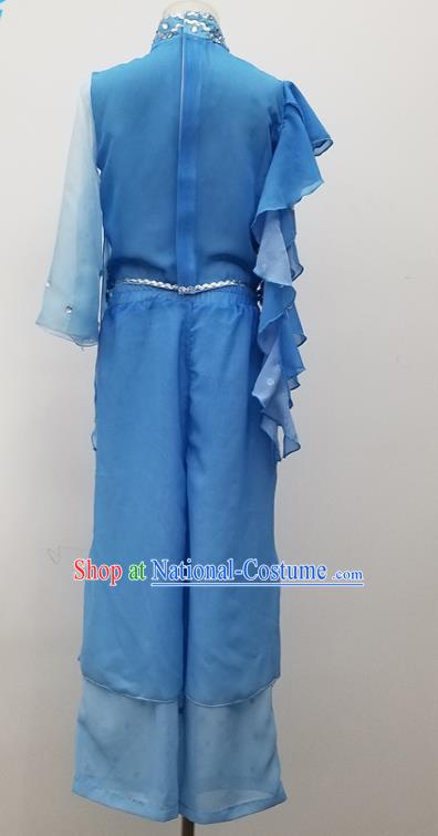 China Children Stage Performance Blue Suits Fan Dance Outfits Yangko Dance Costumes Kids Folk Dance Clothing