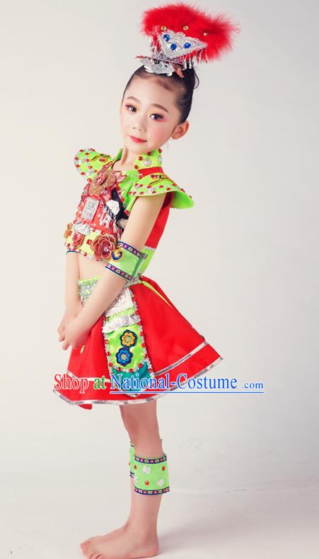 China She Minority Kids Dance Red Dress Uniforms Yi Nationality Girl Apparels Ethnic Children Performance Costumes