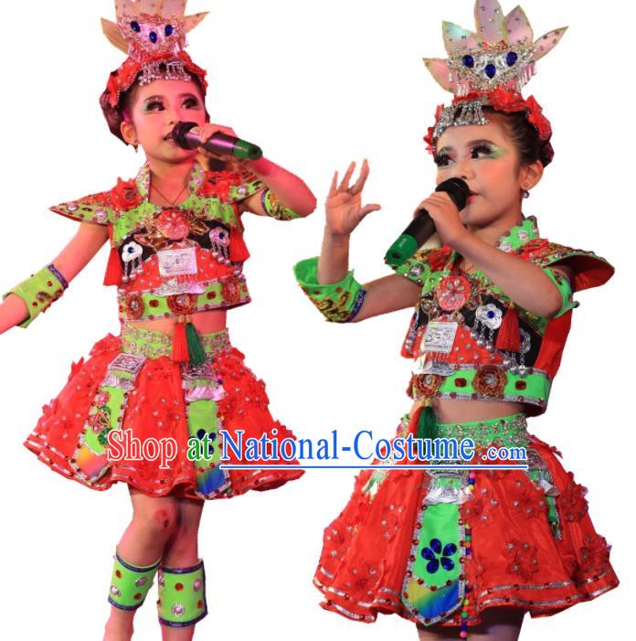 China She Minority Kids Dance Red Dress Uniforms Yi Nationality Girl Apparels Ethnic Children Performance Costumes