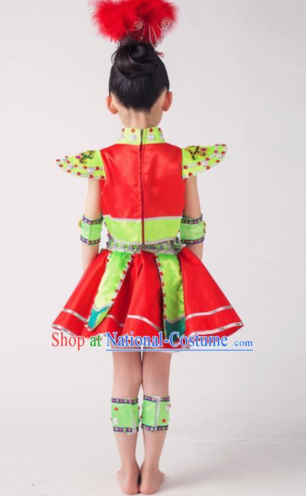 China She Minority Kids Dance Red Dress Uniforms Yi Nationality Girl Apparels Ethnic Children Performance Costumes