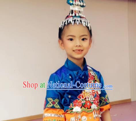 China Ethnic Children Performance Costumes She Minority Kids Dance Dress Uniforms Yi Nationality Girl Apparels and Hair Accessories