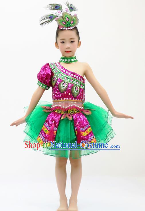 China Yi Nationality Girl Apparels Ethnic Children Performance Costumes She Minority Kids Dance Dress Uniforms and Headpieces