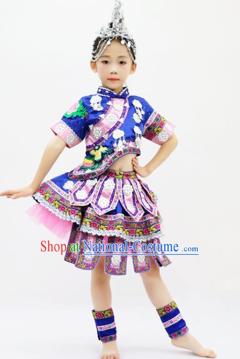 China Miao Minority Kids Dance Blue Dress Uniforms Yi Nationality Girl Apparels Ethnic Children Performance Costumes