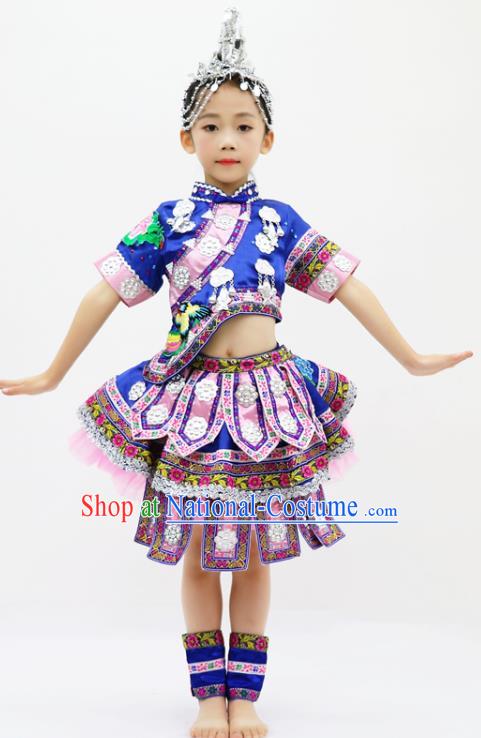 China Miao Minority Kids Dance Blue Dress Uniforms Yi Nationality Girl Apparels Ethnic Children Performance Costumes