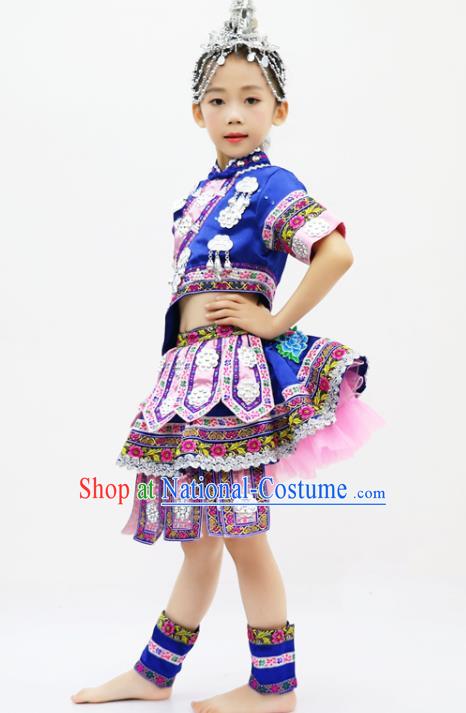 China Miao Minority Kids Dance Blue Dress Uniforms Yi Nationality Girl Apparels Ethnic Children Performance Costumes