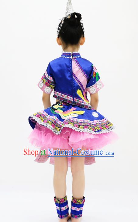 China Miao Minority Kids Dance Blue Dress Uniforms Yi Nationality Girl Apparels Ethnic Children Performance Costumes