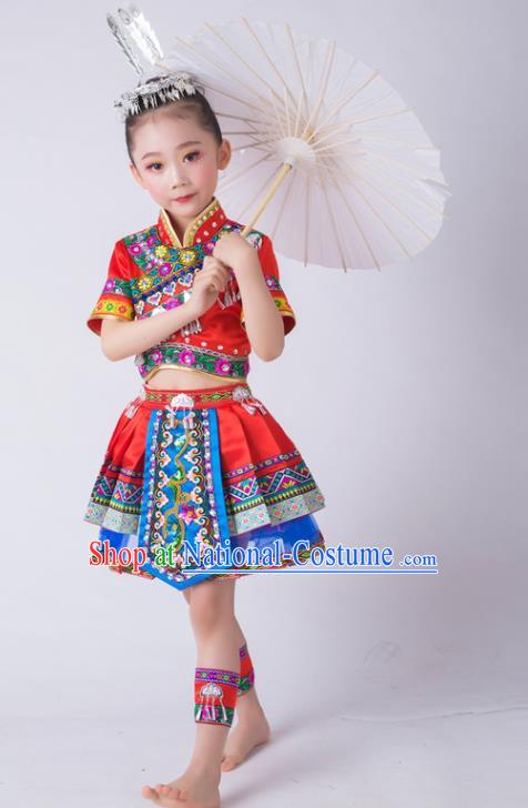 China Ethnic Children Performance Costumes Miao Minority Kids Dance Red Dress Uniforms Tujia Nationality Girl Apparels