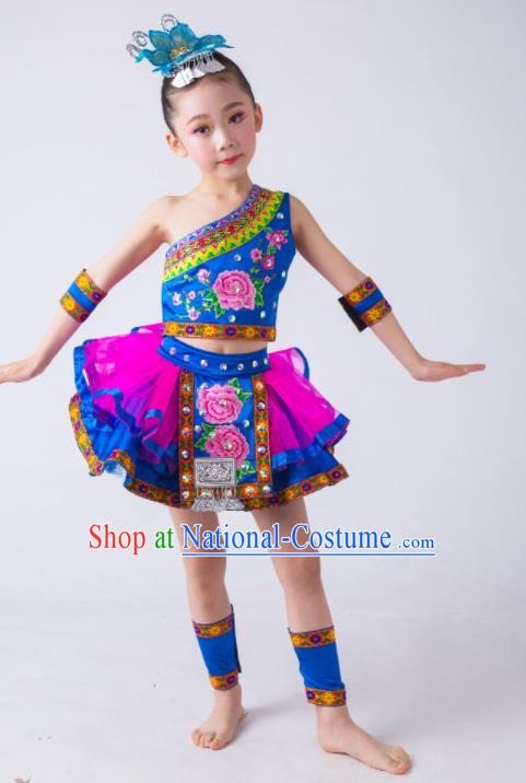 China Yi Nationality Girl Apparels Ethnic Children Performance Costumes She Minority Kids Dance Blue Dress Uniforms