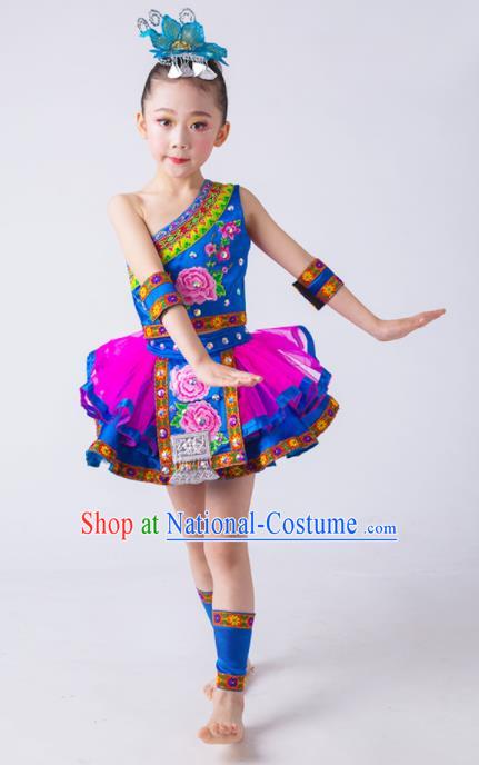 China Yi Nationality Girl Apparels Ethnic Children Performance Costumes She Minority Kids Dance Blue Dress Uniforms