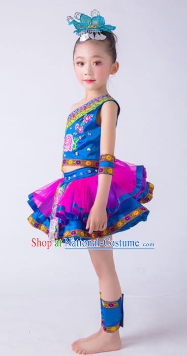 China Yi Nationality Girl Apparels Ethnic Children Performance Costumes She Minority Kids Dance Blue Dress Uniforms