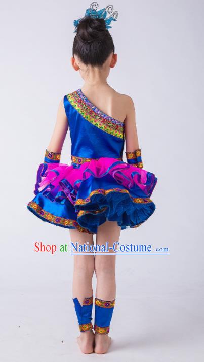 China Yi Nationality Girl Apparels Ethnic Children Performance Costumes She Minority Kids Dance Blue Dress Uniforms