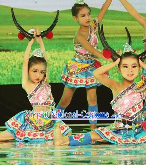 China She Minority Kids Dance Dress Uniforms Yi Nationality Girl Apparels Ethnic Children Performance Costumes