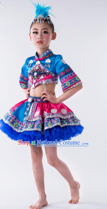 China Ethnic Children Performance Costumes She Minority Kids Dance Blue Dress Uniforms Yi Nationality Girl Apparels