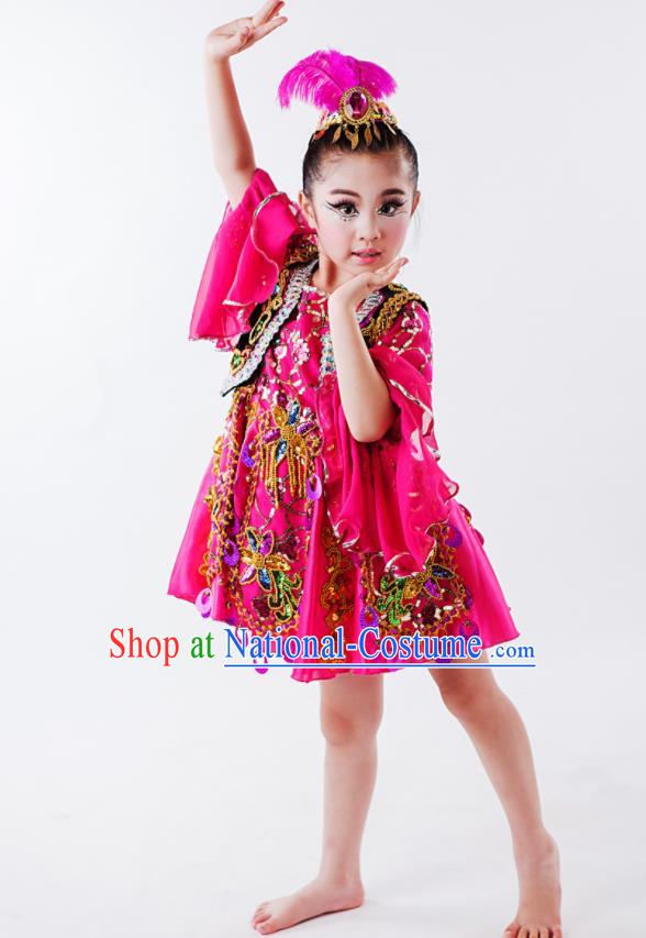 China Uyghur Nationality Girl Apparels Xinjiang Ethnic Children Performance Costumes Uighur Minority Kids Dance Rosy Dress Uniforms